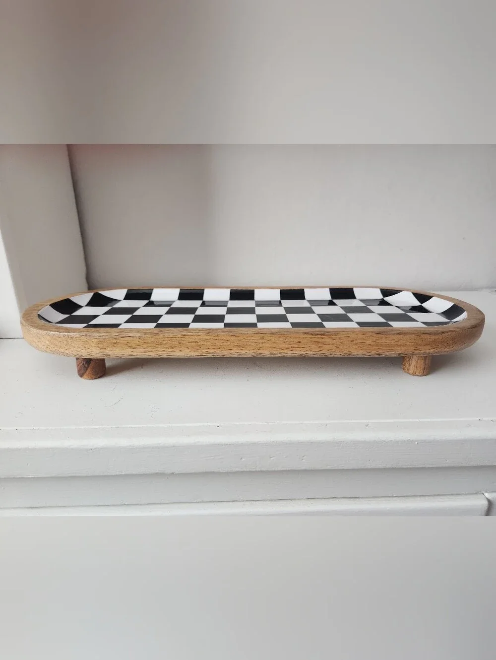 Checkerboard Oval Serving Tray Enamel On Wood With Wooden Risers 8in X 20in